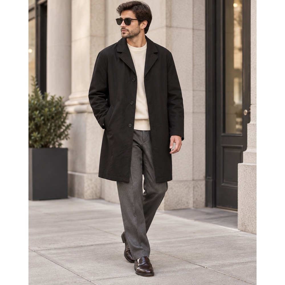Abrams Anson's Herrenhaus Black Quilted Lining Trench Car Coat Mens Size 52